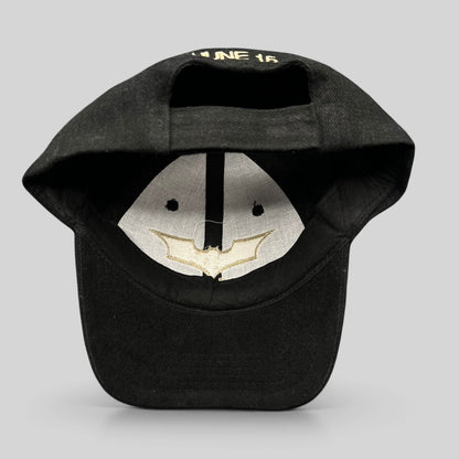 Raree Finds vintage 2005 Batman Begins black cotton strapback hat with interior bat symbol embroidery