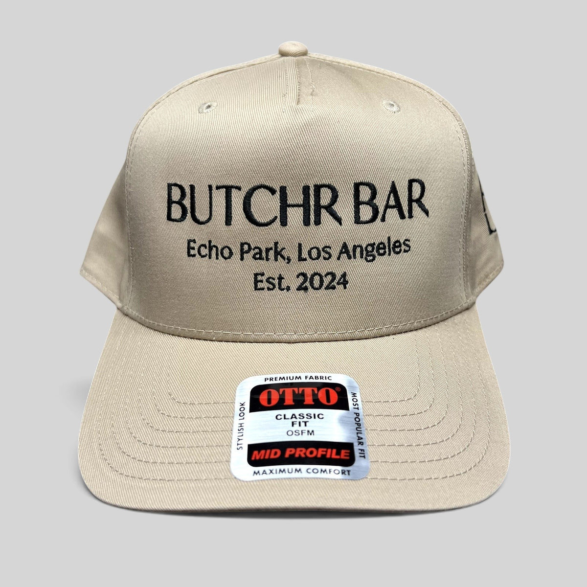 Raree Finds beige OTTO snapback hat with black BUTCHR BAR Echo Park Los Angeles embroidery and curved brim