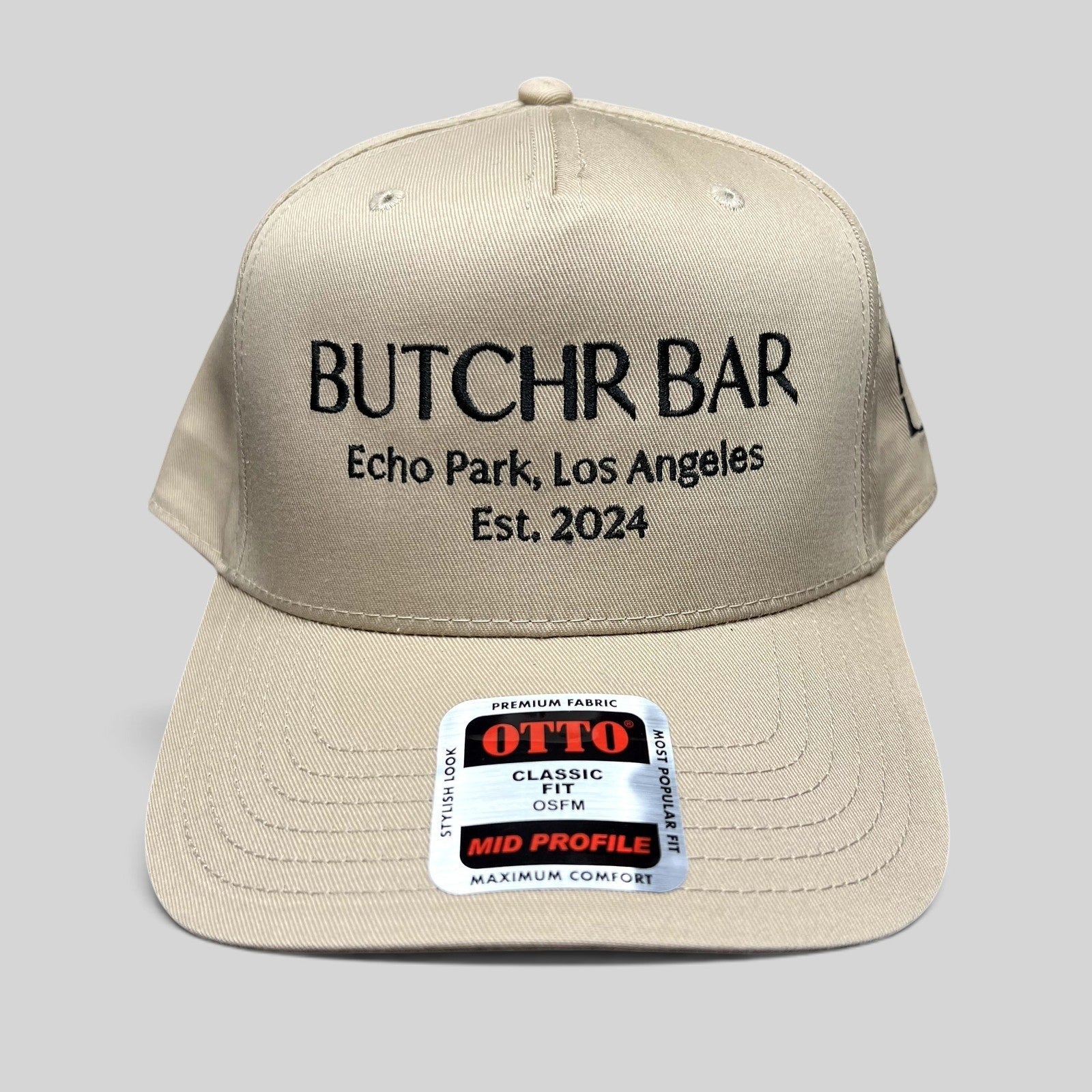 Raree Finds beige OTTO snapback hat with black BUTCHR BAR Echo Park Los Angeles embroidery and curved brim