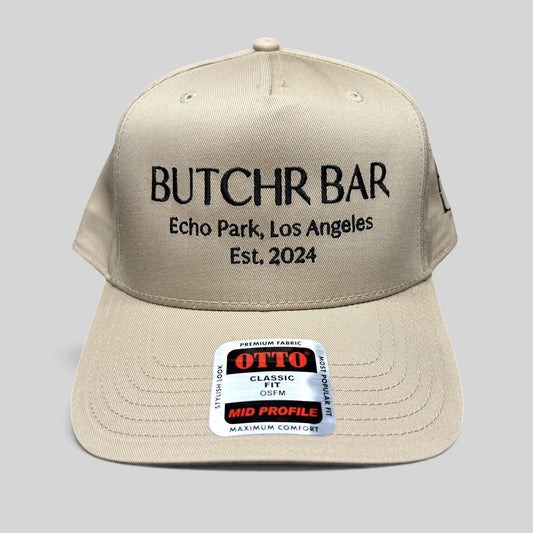 Raree Finds beige OTTO snapback hat with black BUTCHR BAR Echo Park Los Angeles embroidery and curved brim