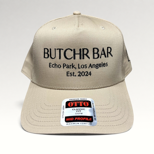 Raree Finds beige OTTO snapback hat with black BUTCHR BAR Echo Park Los Angeles embroidery and curved brim