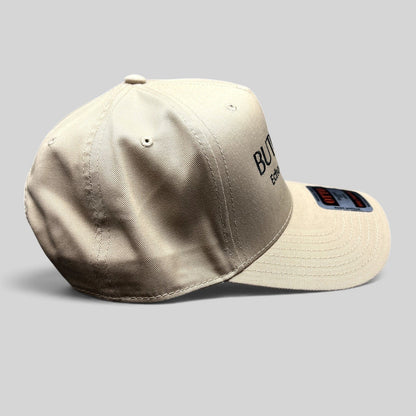 Raree Finds beige OTTO snapback hat with black BUTCHR BAR Echo Park Los Angeles embroidery and curved brim