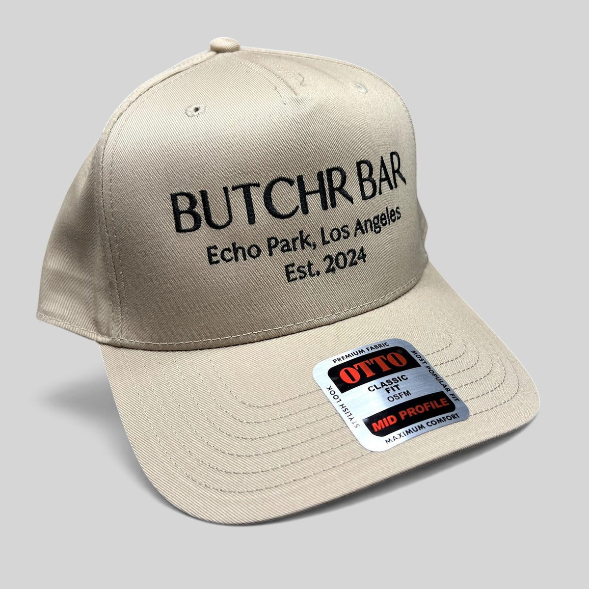 Raree Finds beige OTTO snapback hat with black BUTCHR BAR Echo Park Los Angeles embroidery and original sticker