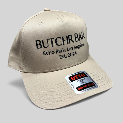Raree Finds beige OTTO snapback hat with black BUTCHR BAR Echo Park Los Angeles embroidery and original sticker