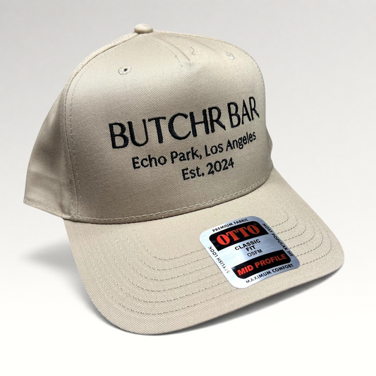 Raree Finds beige OTTO snapback hat with black BUTCHR BAR Echo Park Los Angeles embroidery and original sticker