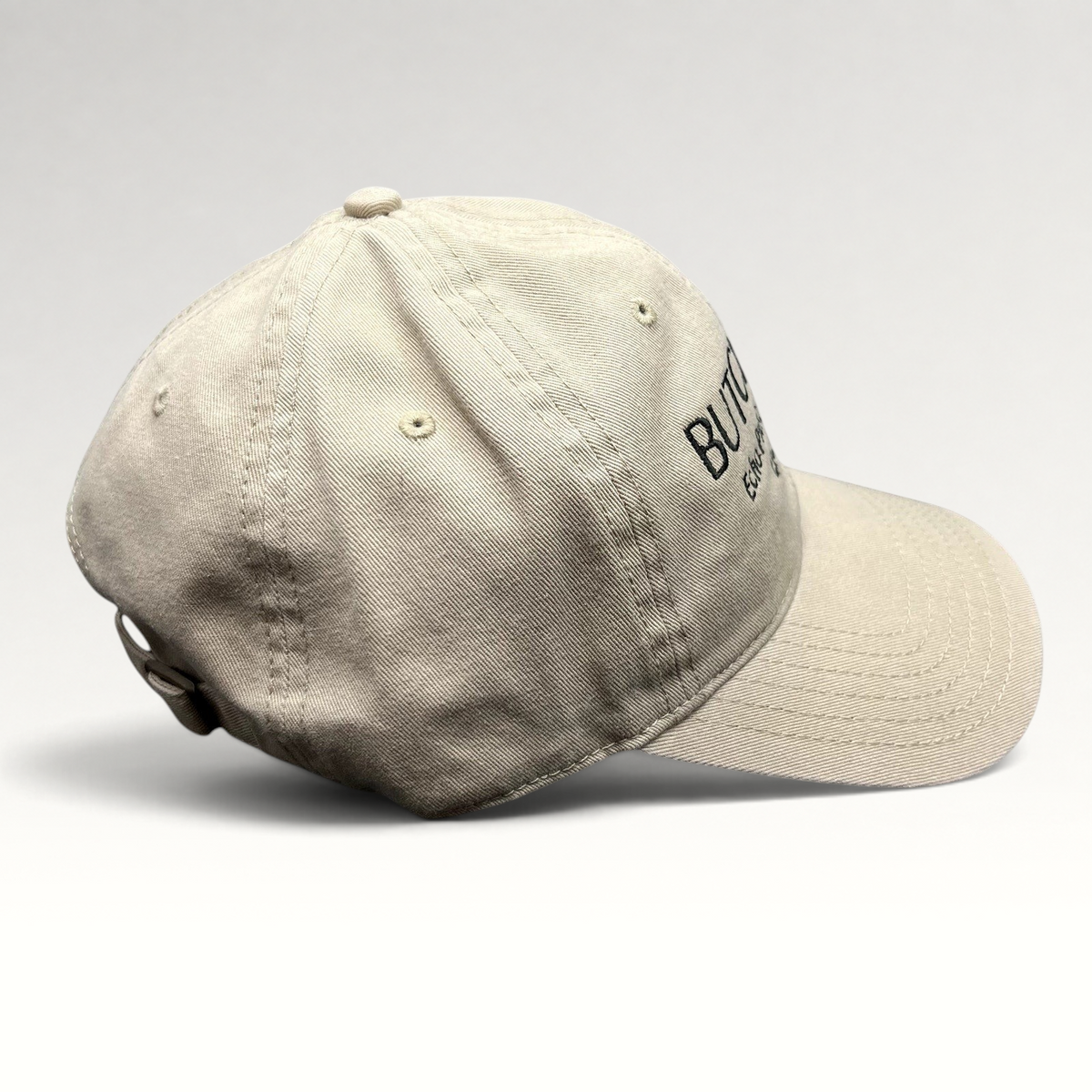 Raree Finds beige cotton twill strapback hat with black Butchr Bar Echo Park Los Angeles embroidery