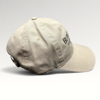 Raree Finds beige cotton twill strapback hat with black Butchr Bar Echo Park Los Angeles embroidery