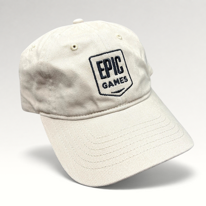 Raree Finds beige cotton twill dad cap with embroidered Epic Games shield logo and curved brim