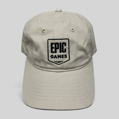 Raree Finds beige cotton twill dad cap with black embroidered Epic Games shield logo on the front