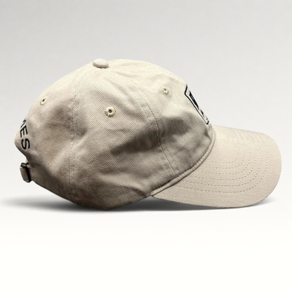 Raree Finds beige cotton twill dad cap with Epic Games logo embroidery and adjustable strapback closure