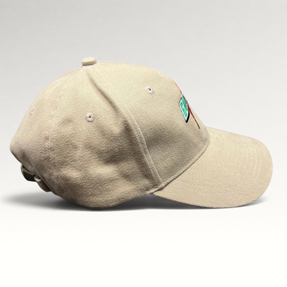 Raree Finds vintage beige Cap America strapback hat with embroidered Gatorade lightning logo, side profile view.
