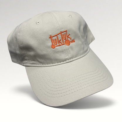 Raree Finds beige cotton strapback dad hat with orange Tuk Tuk Thai embroidered logo and curved brim