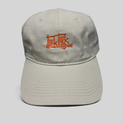 Raree Finds beige cotton strapback dad hat with orange Tuk Tuk Thai embroidered logo and curved brim