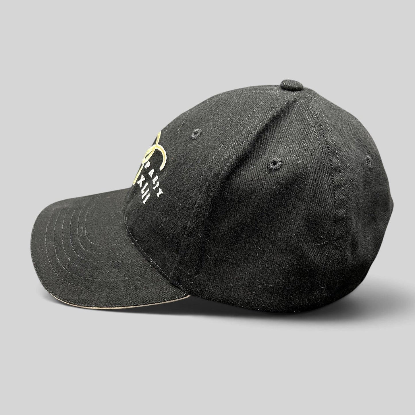 Raree Finds vintage black Bellagio Las Vegas Super Party XLII strapback hat with gold and white embroidered details.