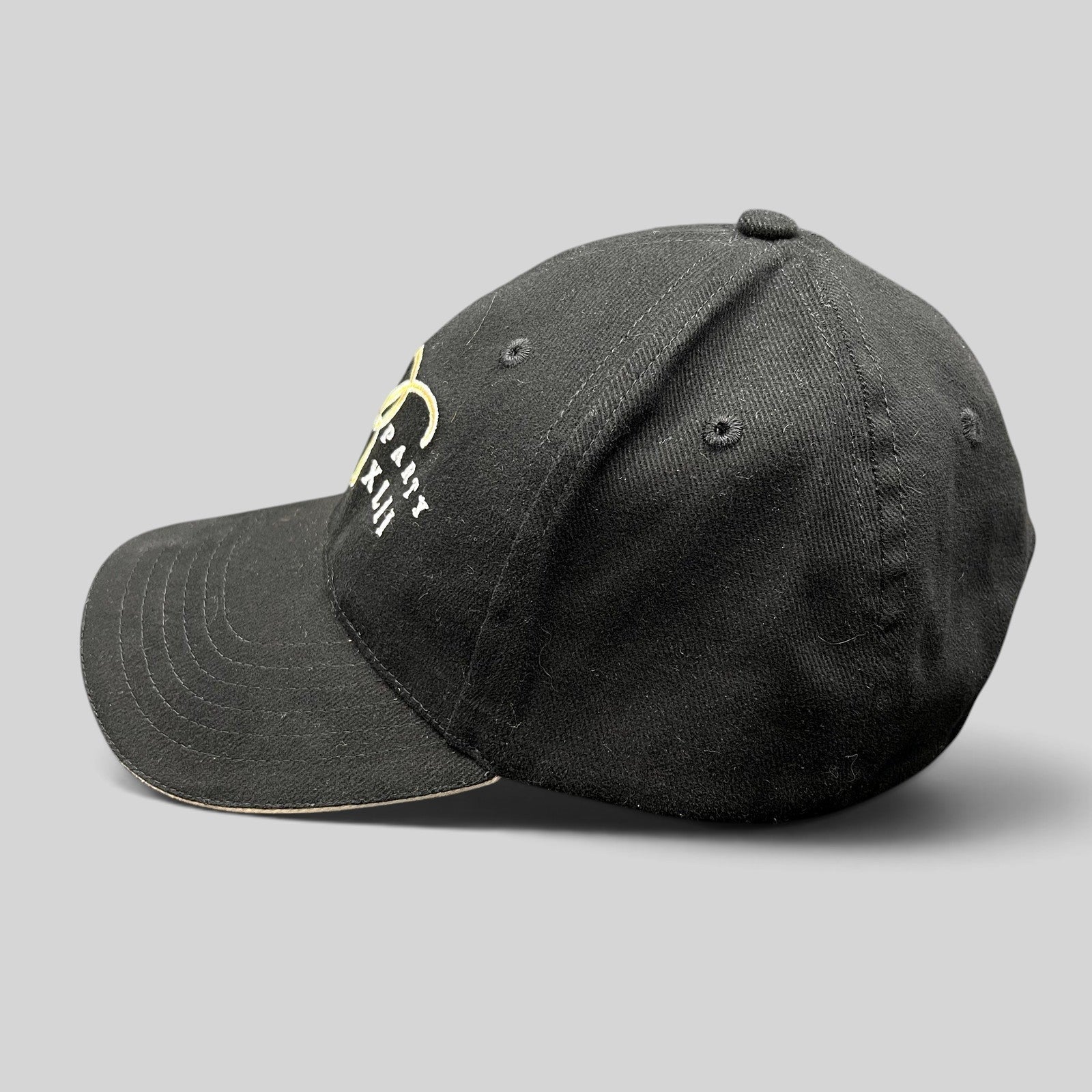 Raree Finds vintage black Bellagio Las Vegas Super Party XLII strapback hat with gold and white embroidered details.
