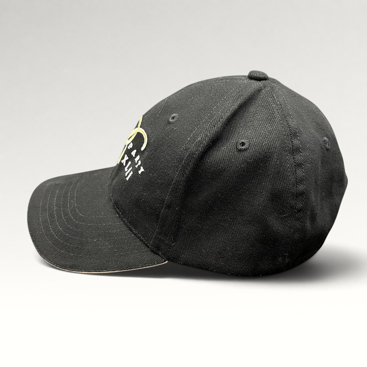 Raree Finds vintage black Bellagio Las Vegas Super Party XLII strapback hat with gold and white embroidered details.