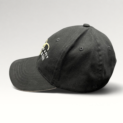 Raree Finds vintage black Bellagio Las Vegas Super Party XLII strapback hat with gold and white embroidered details.