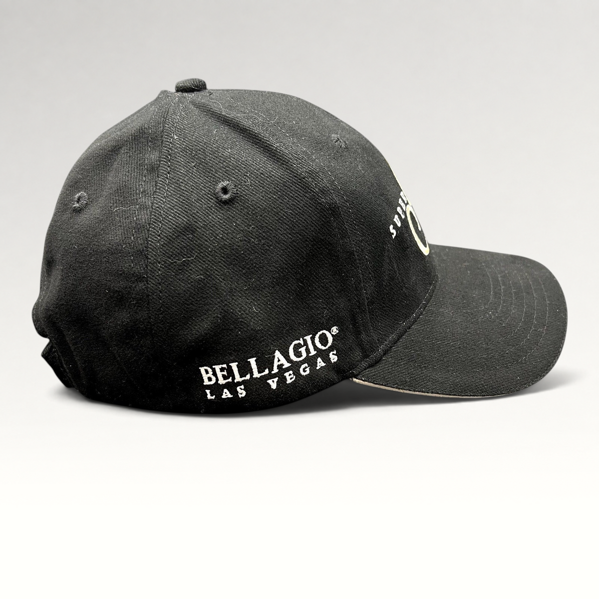 Raree Finds vintage black Bellagio Las Vegas Super Party XLII strapback hat with white side embroidery and curved brim