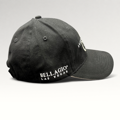 Raree Finds vintage black Bellagio Las Vegas Super Party XLII strapback hat with white side embroidery and curved brim