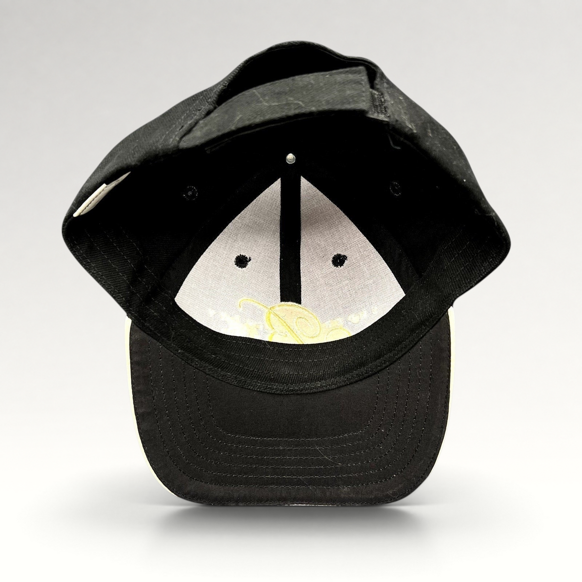 Raree Finds vintage black Bellagio Las Vegas Super Party XLII strapback hat with interior view and curved brim