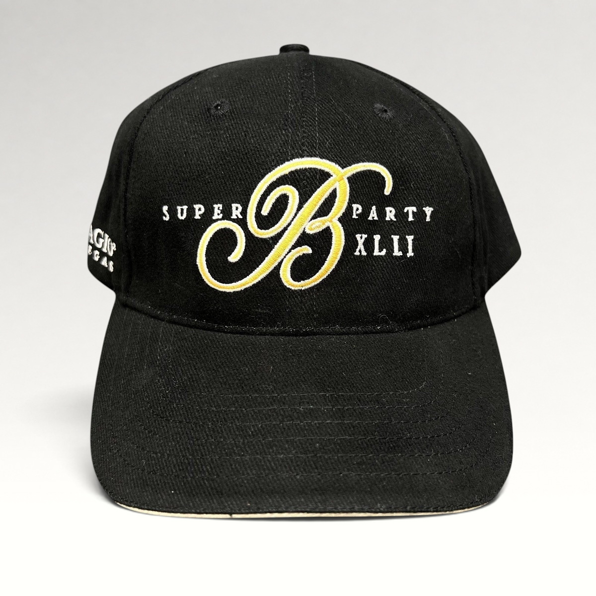 Raree Finds vintage black Bellagio Las Vegas Super Party XLII strapback hat with gold and white embroidered logo