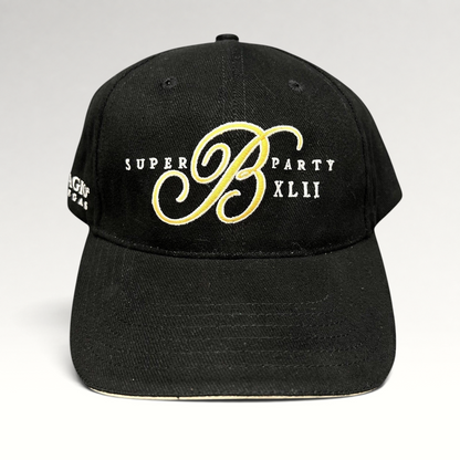 Raree Finds vintage black Bellagio Las Vegas Super Party XLII strapback hat with gold and white embroidered logo