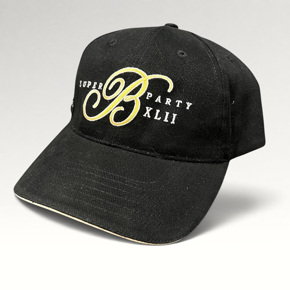 Raree Finds vintage black Bellagio Las Vegas Super Party XLII strapback hat with gold and white embroidered script B