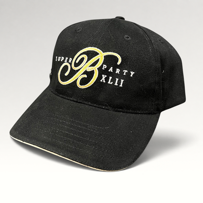 Raree Finds vintage black Bellagio Las Vegas Super Party XLII strapback hat with gold and white embroidered script B