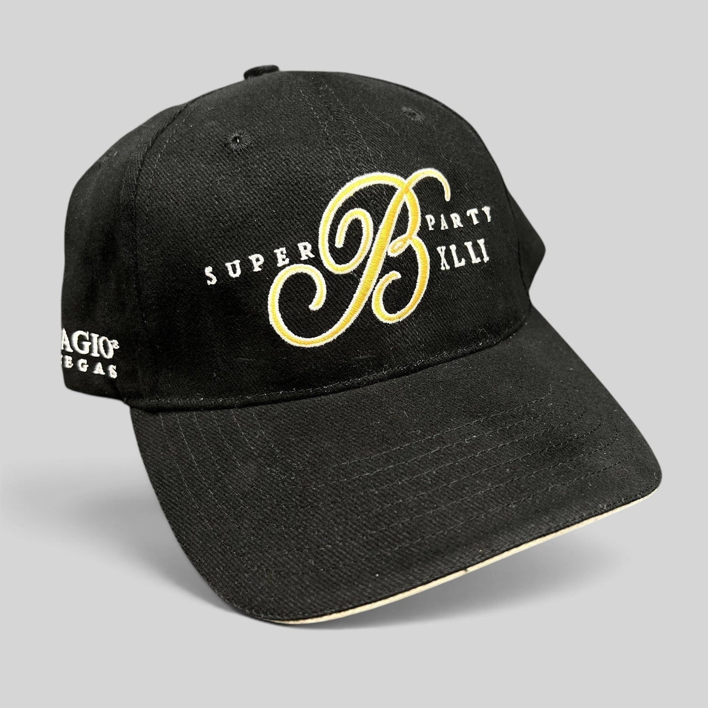 Raree Finds vintage black Bellagio Las Vegas Super Party XLII strapback hat with gold and white embroidered logo