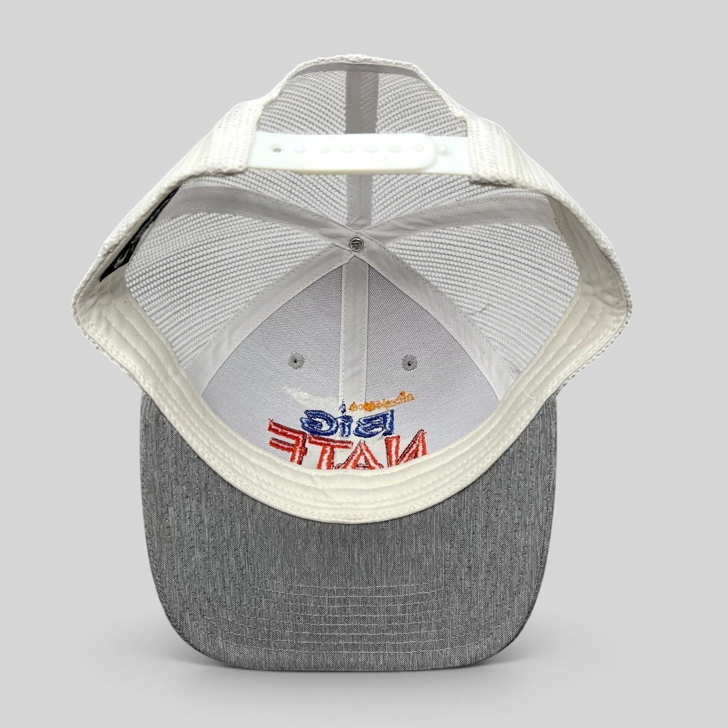 Raree Finds Nickelodeon Big Nate trucker hat showing the interior view with white mesh and heather gray brim