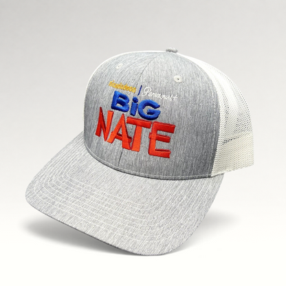 Raree Finds Nickelodeon Big Nate Paramount+ trucker hat with heather gray front, white mesh back, and snapback closure.