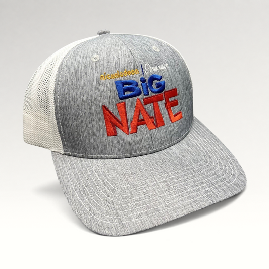 Raree Finds Nickelodeon Big Nate Paramount+ trucker hat with heather gray front, white mesh back, and embroidered logo.