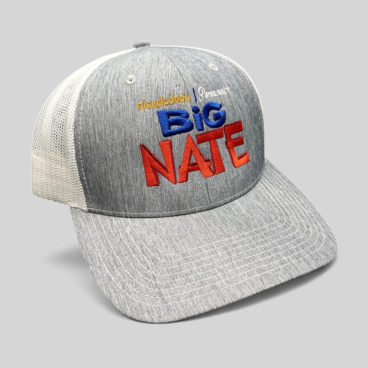 Raree Finds Nickelodeon Big Nate trucker hat with heather gray front, white mesh back, and embroidered logo.
