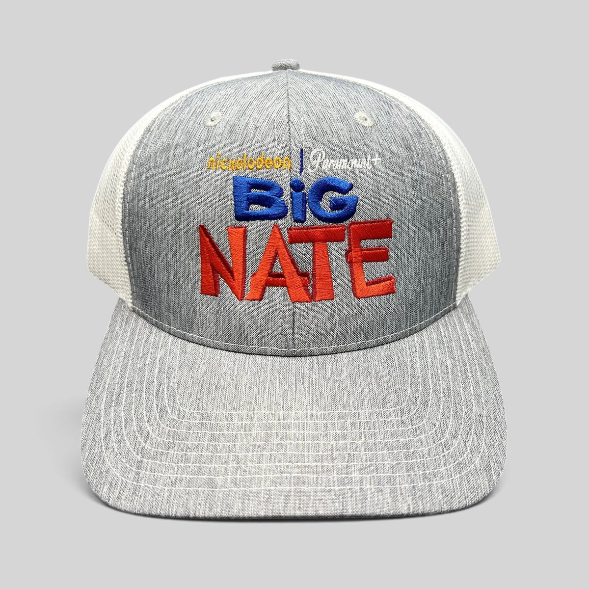 Raree Finds Nickelodeon Big Nate trucker hat with heather gray front, white mesh back, and embroidered front logo.