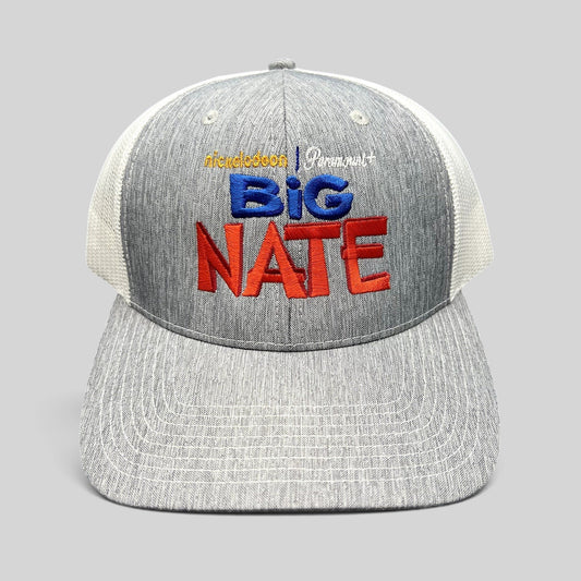 Raree Finds Nickelodeon Big Nate trucker hat with heather gray front, white mesh back, and embroidered front logo.