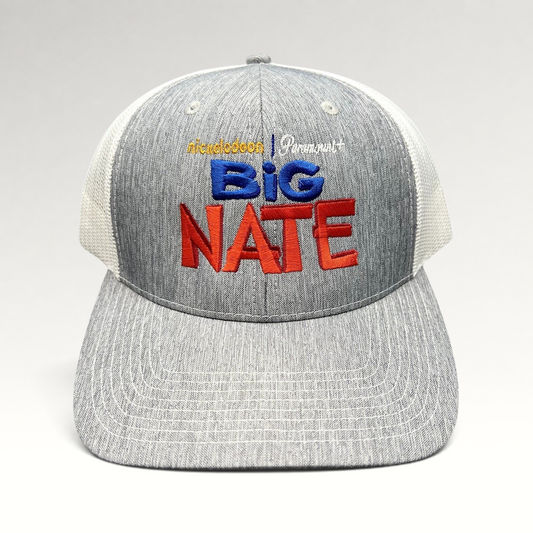 Raree Finds Nickelodeon Big Nate trucker hat with heather gray front, white mesh back, and embroidered front logo.