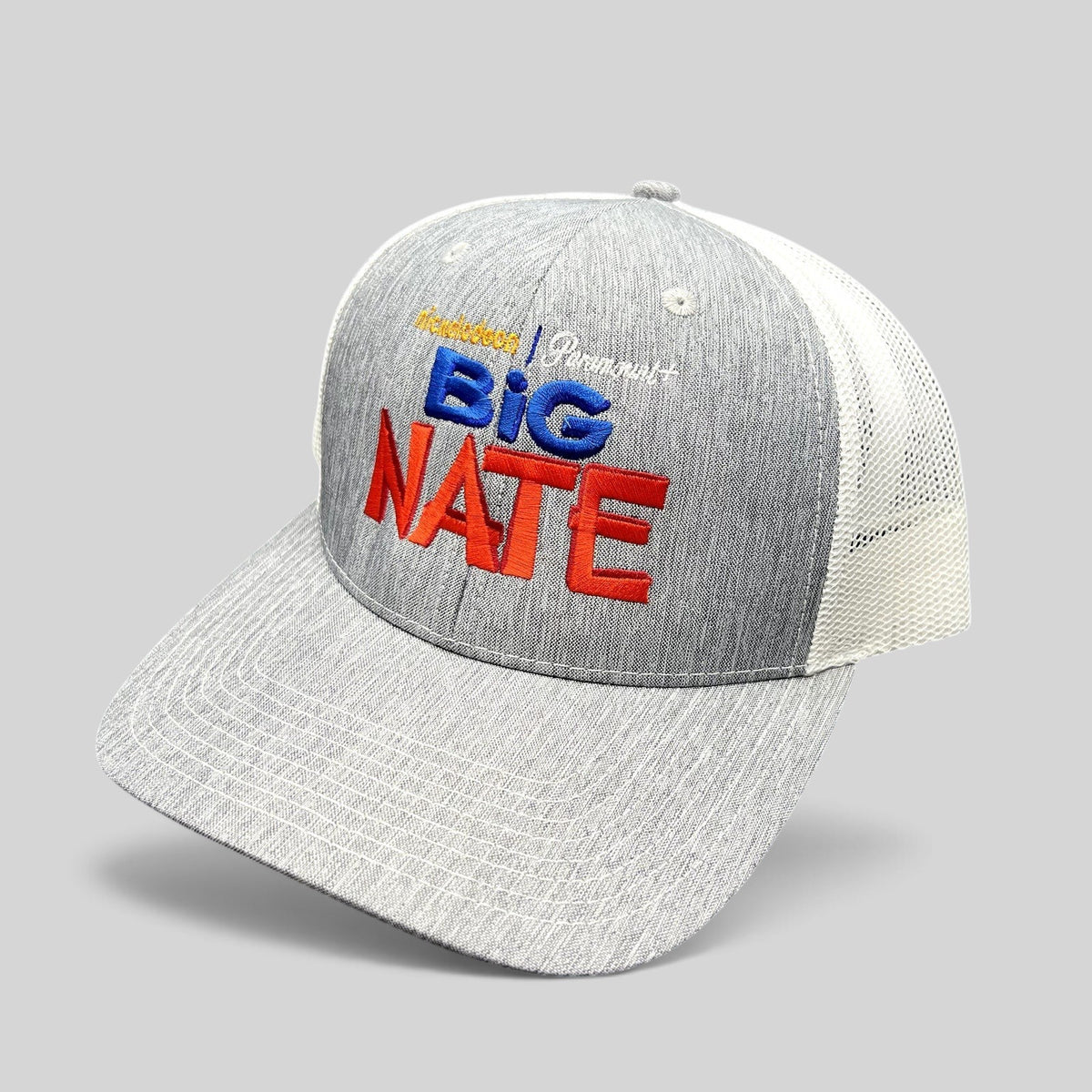 Raree Finds Nickelodeon Big Nate trucker hat with heather gray front, white mesh back, and embroidered logo.