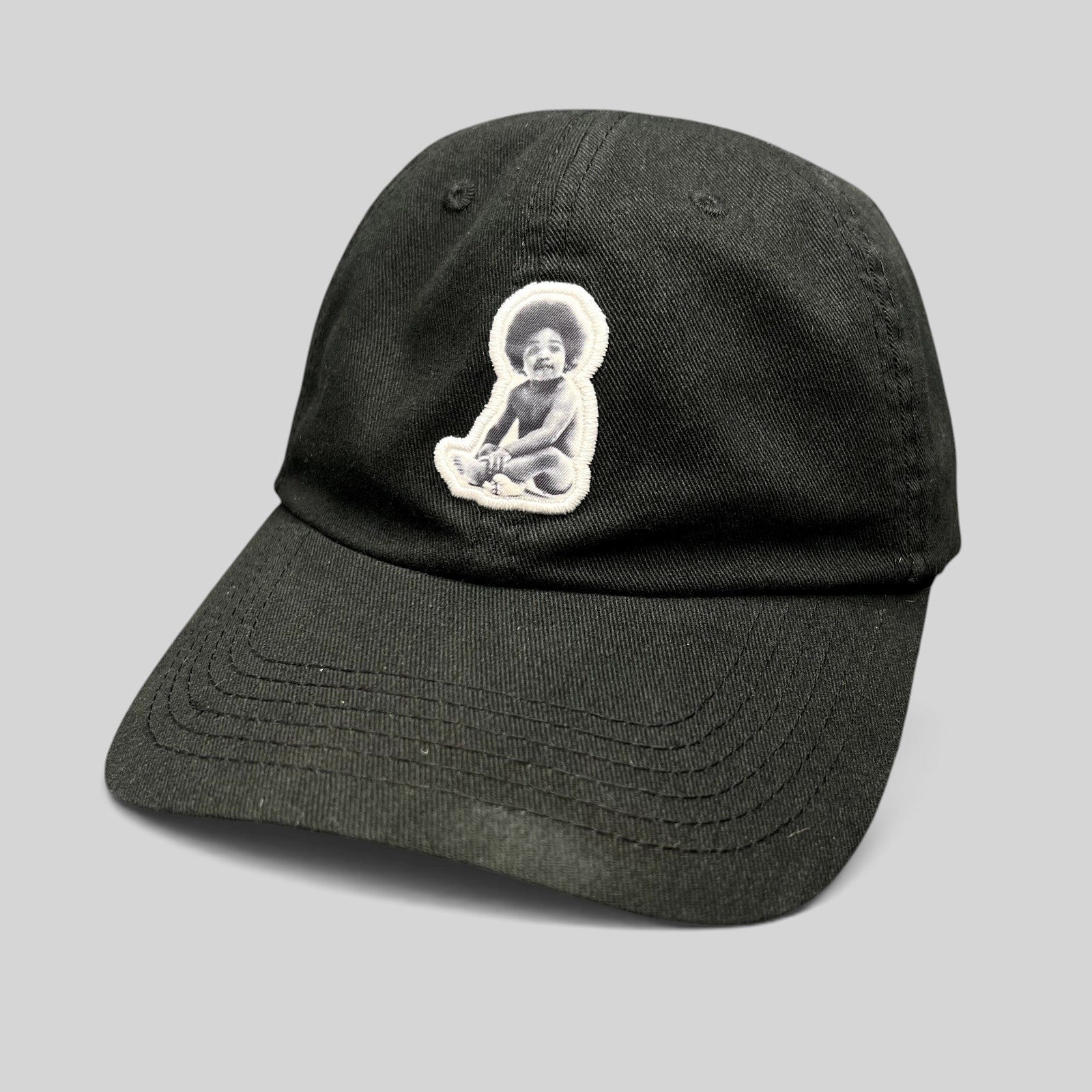 Raree Finds black strapback hat featuring an embroidered Ready To Die baby graphic patch on the front