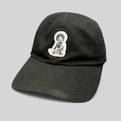 Raree Finds black strapback hat featuring an embroidered Ready To Die baby graphic patch on the front