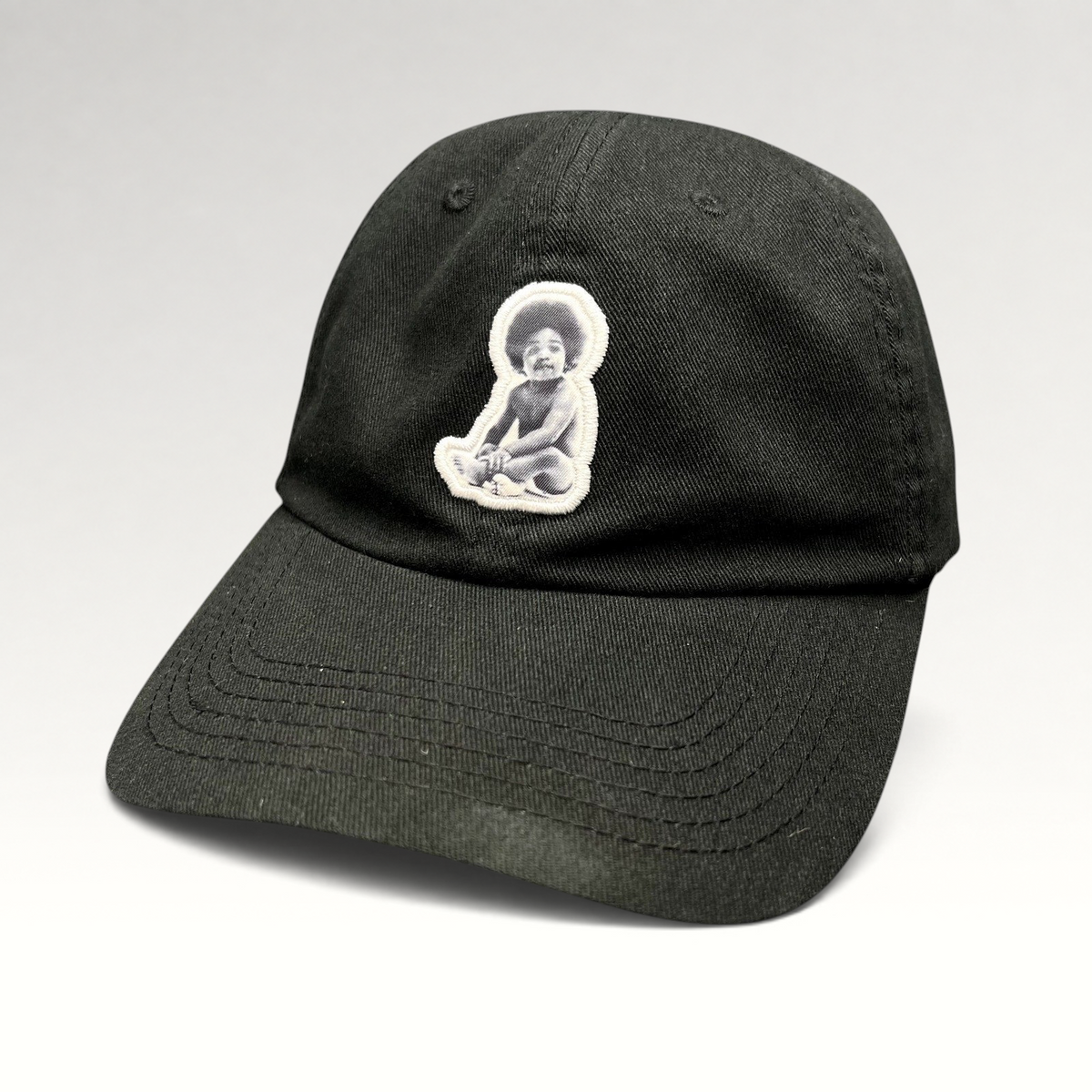 Raree Finds black strapback hat featuring an embroidered Ready To Die baby graphic patch on the front