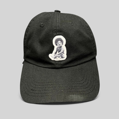 Raree Finds black strapback hat featuring an embroidered Notorious B.I.G. Ready To Die baby graphic patch