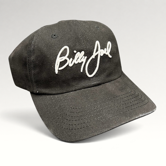 Raree Finds black Billy Joel concert strapback hat with white script embroidery on the front crown