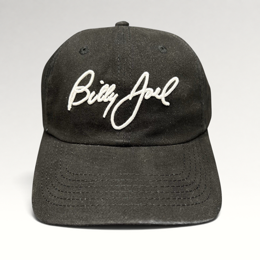Raree Finds black Billy Joel In Concert strapback hat with white script embroidery on the front unstructured crown