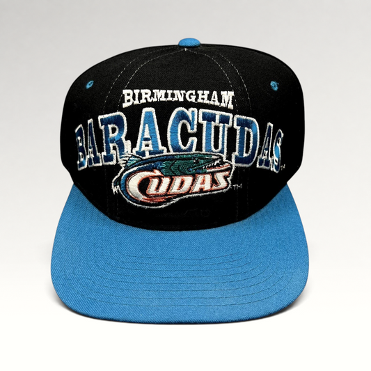 Raree Finds vintage 1995 Birmingham Barracudas CFL Starter wool snapback hat in black and teal with front embroidery.