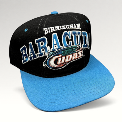 Raree Finds vintage 1995 Birmingham Barracudas CFL Starter snapback hat in black and teal wool with front embroidery.