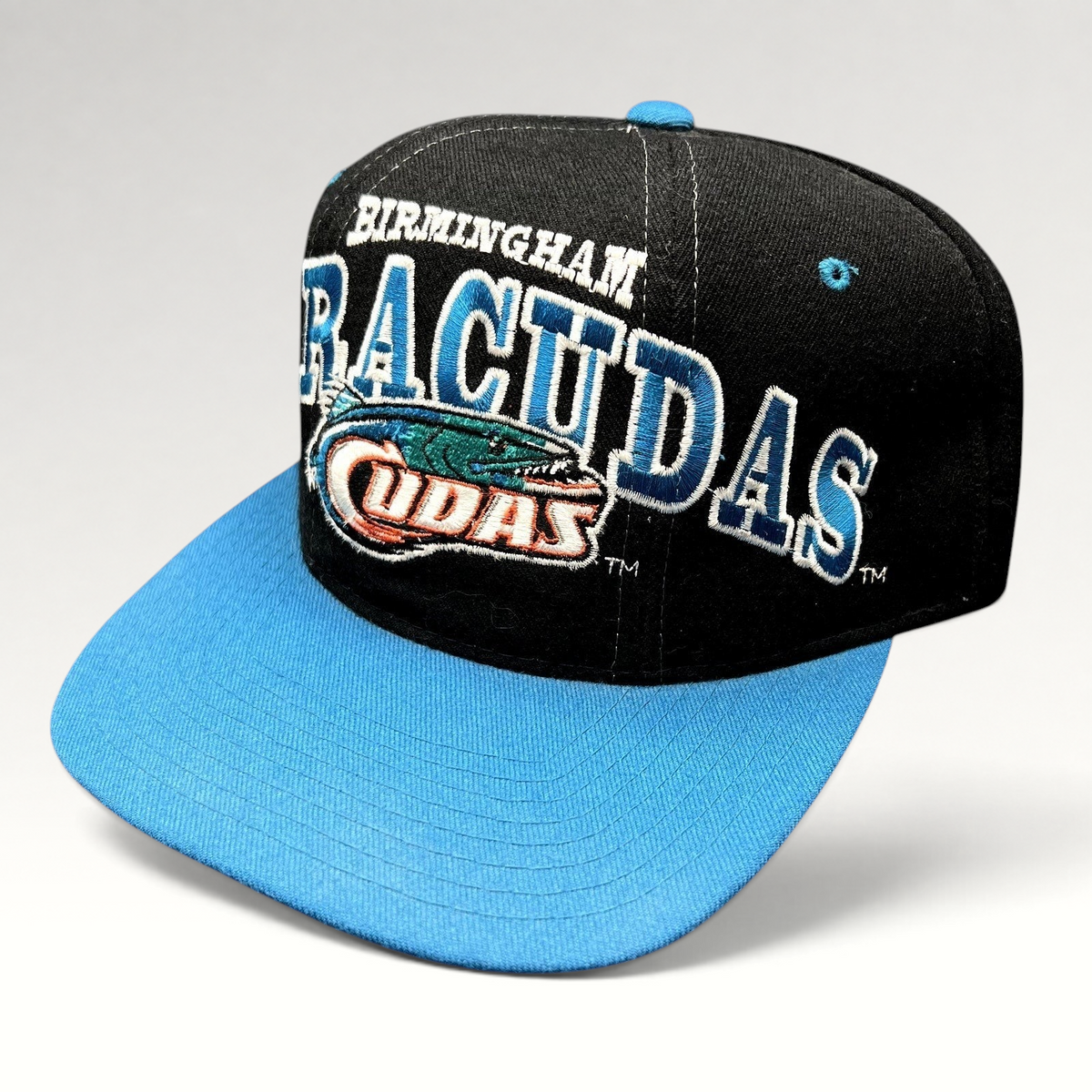 Raree Finds vintage 1995 Birmingham Barracudas CFL Starter snapback hat in black and teal wool with oversized embroidery