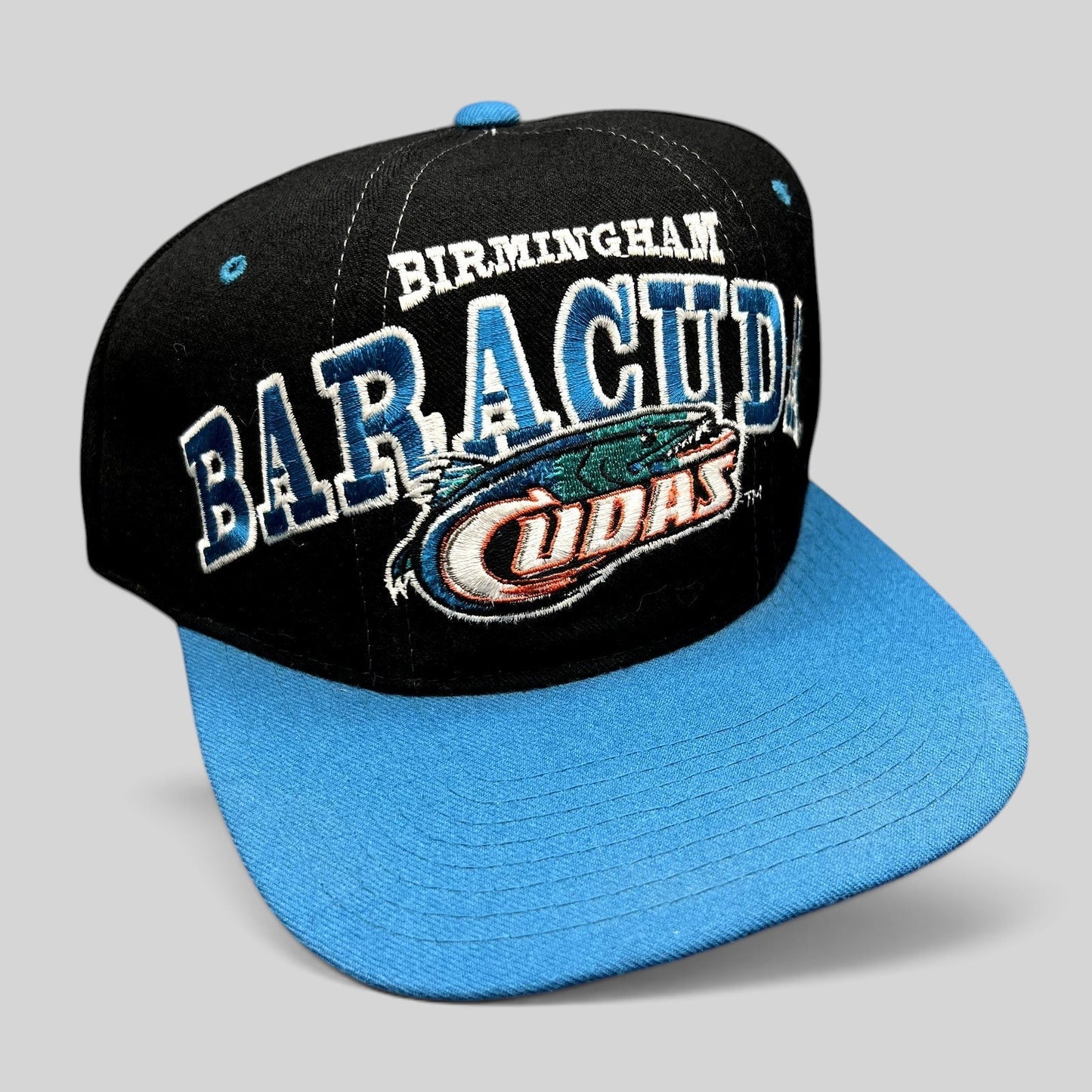 Raree Finds vintage 1995 Birmingham Barracudas CFL Starter wool snapback hat in black and teal with oversized embroidery