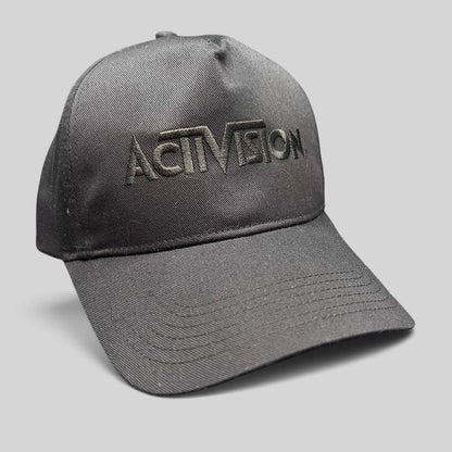 Raree Finds black Activision snapback hat with tonal embroidered logo on the front panel, made from cotton blend.