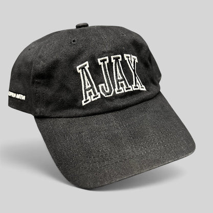 Raree Finds black cotton strapback hat with white embroidered AJAX lettering and Aspen Mountain side detail