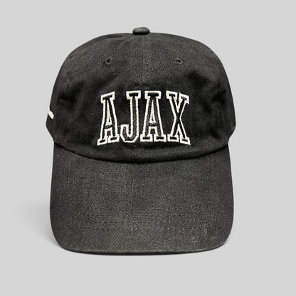 Raree Finds black cotton strapback hat with white embroidered AJAX lettering on the front, Aspen ski resort style.